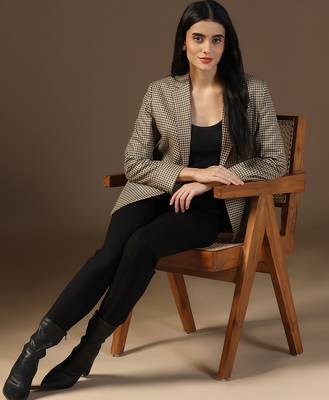 Women brown multi check blazer 3