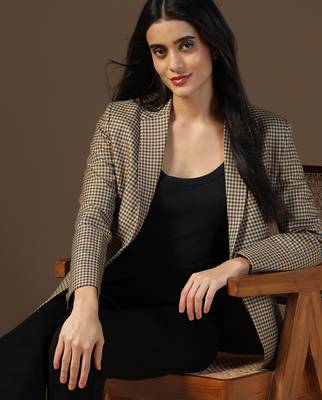 Women brown multi check blazer 5