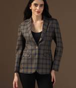 Women brown & blue check blazer