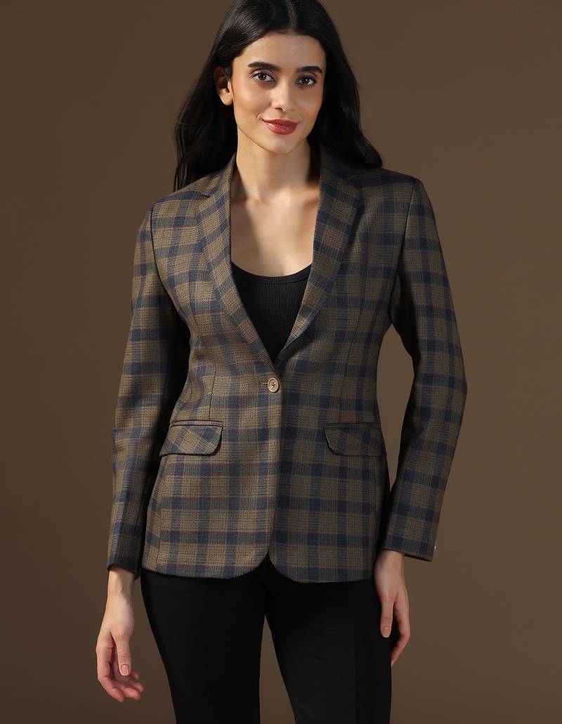 Women brown & blue check blazer