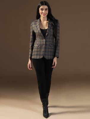 Women brown & blue check blazer 4