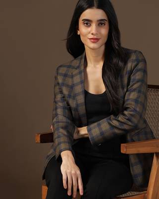 Women brown & blue check blazer 5