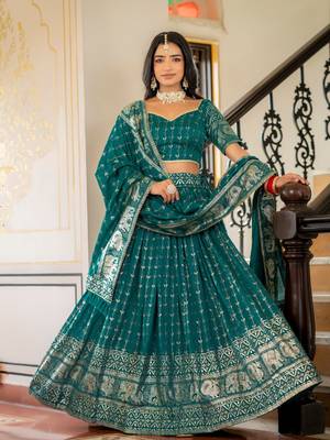 RAMA GREEN VICHITRA SILK FOIL PRINT PARTY WEAR LEHENGA CHOLI  FREE SIZE 1