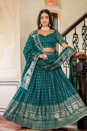 RAMA GREEN VICHITRA SILK FOIL PRINT PARTY WEAR LEHENGA CHOLI  FREE SIZE