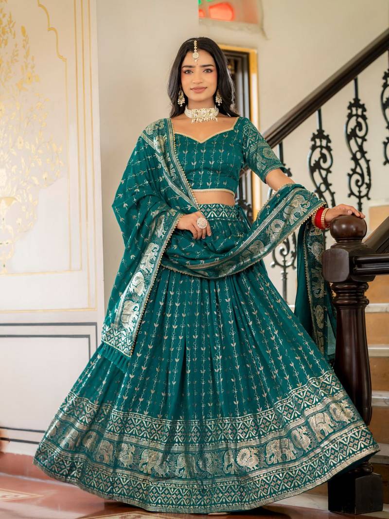 RAMA GREEN VICHITRA SILK FOIL PRINT PARTY WEAR LEHENGA CHOLI  FREE SIZE