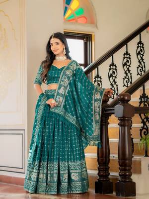 RAMA GREEN VICHITRA SILK FOIL PRINT PARTY WEAR LEHENGA CHOLI  FREE SIZE 2