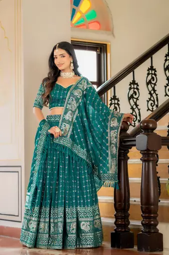 RAMA GREEN VICHITRA SILK FOIL PRINT PARTY WEAR LEHENGA CHOLI  FREE SIZE