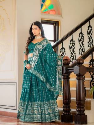 RAMA GREEN VICHITRA SILK FOIL PRINT PARTY WEAR LEHENGA CHOLI  FREE SIZE 3