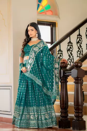 RAMA GREEN VICHITRA SILK FOIL PRINT PARTY WEAR LEHENGA CHOLI  FREE SIZE