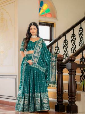 RAMA GREEN VICHITRA SILK FOIL PRINT PARTY WEAR LEHENGA CHOLI  FREE SIZE 4