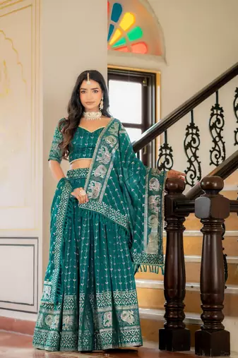 RAMA GREEN VICHITRA SILK FOIL PRINT PARTY WEAR LEHENGA CHOLI  FREE SIZE