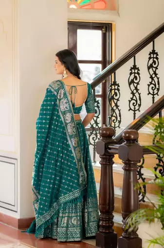 RAMA GREEN VICHITRA SILK FOIL PRINT PARTY WEAR LEHENGA CHOLI  FREE SIZE