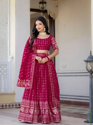 RANI PINK VICHITRA SILK FOIL PRINT PARTY WEAR LEHENGA CHOLI - FREE SIZE 2