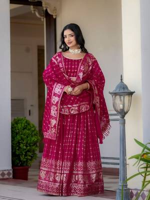 RANI PINK VICHITRA SILK FOIL PRINT PARTY WEAR LEHENGA CHOLI - FREE SIZE 3