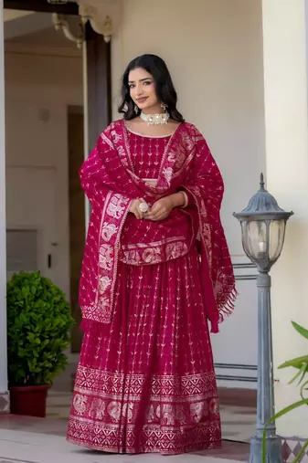 RANI PINK VICHITRA SILK FOIL PRINT PARTY WEAR LEHENGA CHOLI - FREE SIZE