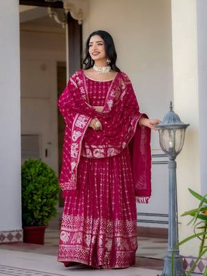 RANI PINK VICHITRA SILK FOIL PRINT PARTY WEAR LEHENGA CHOLI - FREE SIZE 4