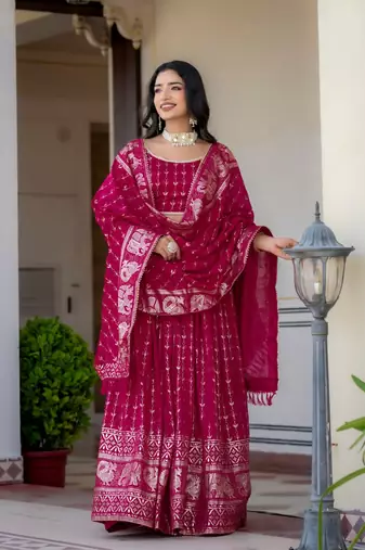 RANI PINK VICHITRA SILK FOIL PRINT PARTY WEAR LEHENGA CHOLI - FREE SIZE