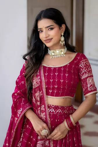 RANI PINK VICHITRA SILK FOIL PRINT PARTY WEAR LEHENGA CHOLI - FREE SIZE