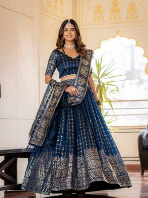 NAVY BLUE VICHITRA SILK FOIL PRINT PARTY WEAR LEHENGA CHOLI - FREE SIZE  1