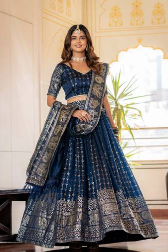 NAVY BLUE VICHITRA SILK FOIL PRINT PARTY WEAR LEHENGA CHOLI - FREE SIZE 