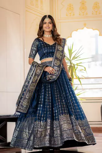 NAVY BLUE VICHITRA SILK FOIL PRINT PARTY WEAR LEHENGA CHOLI - FREE SIZE 