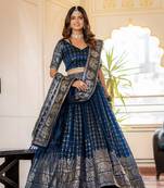 NAVY BLUE VICHITRA SILK FOIL PRINT PARTY WEAR LEHENGA CHOLI - FREE SIZE 