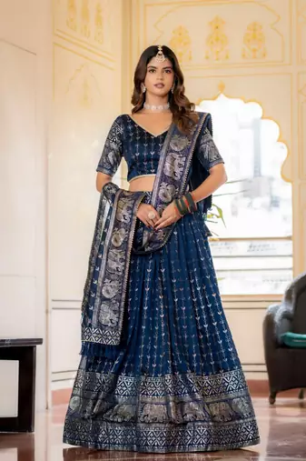 NAVY BLUE VICHITRA SILK FOIL PRINT PARTY WEAR LEHENGA CHOLI - FREE SIZE 