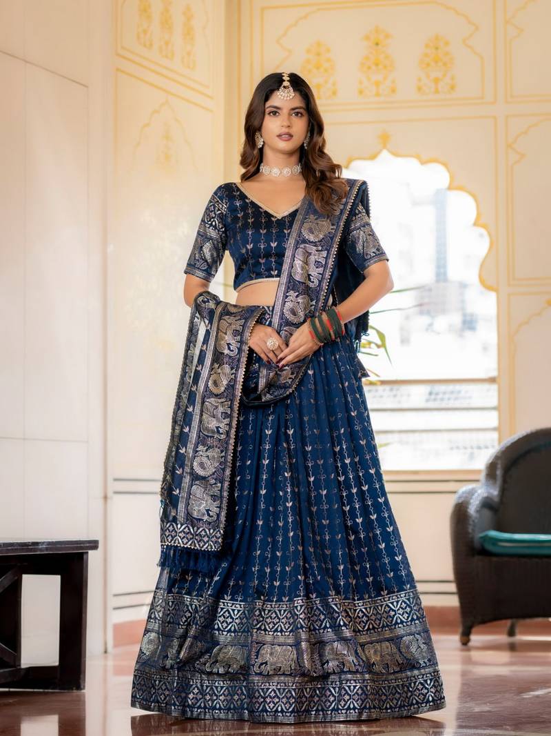 NAVY BLUE VICHITRA SILK FOIL PRINT PARTY WEAR LEHENGA CHOLI - FREE SIZE 