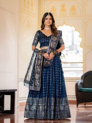 NAVY BLUE VICHITRA SILK FOIL PRINT PARTY WEAR LEHENGA CHOLI - FREE SIZE  3