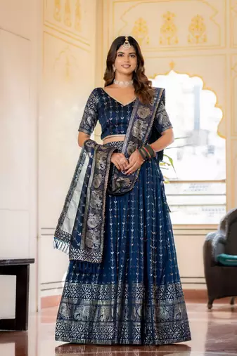 NAVY BLUE VICHITRA SILK FOIL PRINT PARTY WEAR LEHENGA CHOLI - FREE SIZE 