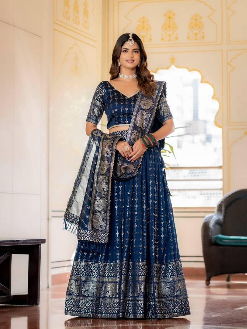 NAVY BLUE VICHITRA SILK FOIL PRINT PARTY WEAR LEHENGA CHOLI - FREE SIZE 