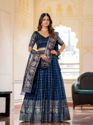 NAVY BLUE VICHITRA SILK FOIL PRINT PARTY WEAR LEHENGA CHOLI - FREE SIZE  4