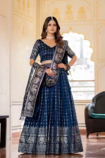 NAVY BLUE VICHITRA SILK FOIL PRINT PARTY WEAR LEHENGA CHOLI - FREE SIZE 