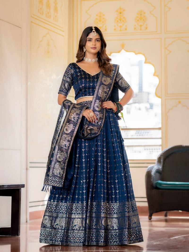 NAVY BLUE VICHITRA SILK FOIL PRINT PARTY WEAR LEHENGA CHOLI - FREE SIZE 