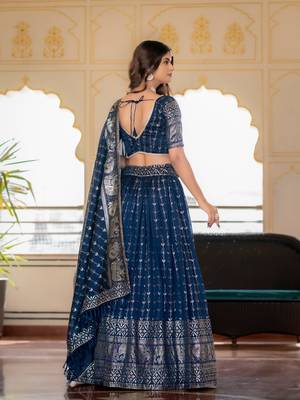 NAVY BLUE VICHITRA SILK FOIL PRINT PARTY WEAR LEHENGA CHOLI - FREE SIZE  5