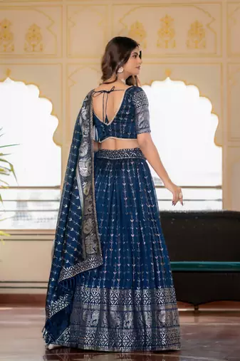 NAVY BLUE VICHITRA SILK FOIL PRINT PARTY WEAR LEHENGA CHOLI - FREE SIZE 