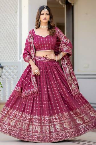 MAGENTA VICHITRA SILK FOIL PRINT PARTY WEAR LEHENGA CHOLI - FREE SIZE 