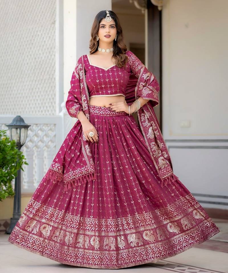 MAGENTA VICHITRA SILK FOIL PRINT PARTY WEAR LEHENGA CHOLI - FREE SIZE 
