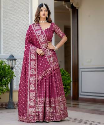 MAGENTA VICHITRA SILK FOIL PRINT PARTY WEAR LEHENGA CHOLI - FREE SIZE  2
