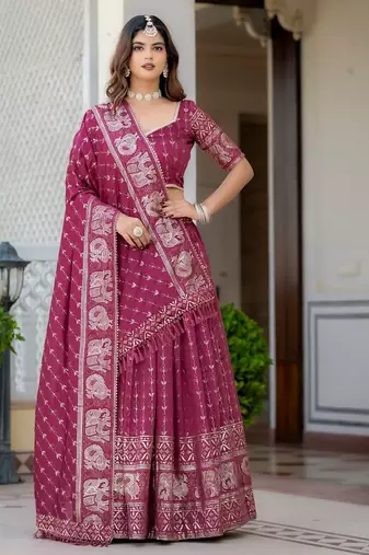 MAGENTA VICHITRA SILK FOIL PRINT PARTY WEAR LEHENGA CHOLI - FREE SIZE 