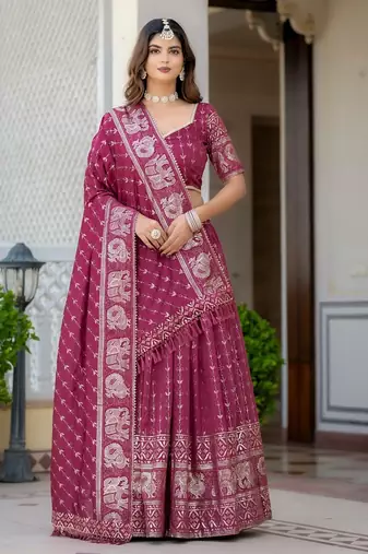 MAGENTA VICHITRA SILK FOIL PRINT PARTY WEAR LEHENGA CHOLI - FREE SIZE 