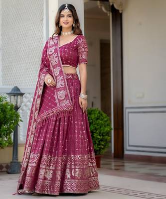 MAGENTA VICHITRA SILK FOIL PRINT PARTY WEAR LEHENGA CHOLI - FREE SIZE  4
