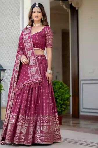 MAGENTA VICHITRA SILK FOIL PRINT PARTY WEAR LEHENGA CHOLI - FREE SIZE 