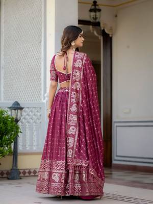 MAGENTA VICHITRA SILK FOIL PRINT PARTY WEAR LEHENGA CHOLI - FREE SIZE  5