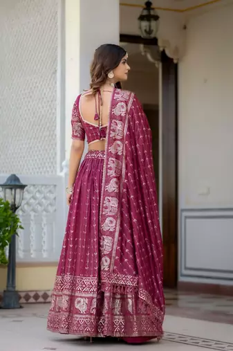 MAGENTA VICHITRA SILK FOIL PRINT PARTY WEAR LEHENGA CHOLI - FREE SIZE 