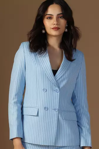 Striped peaked lapel collar double breasted formal blazer