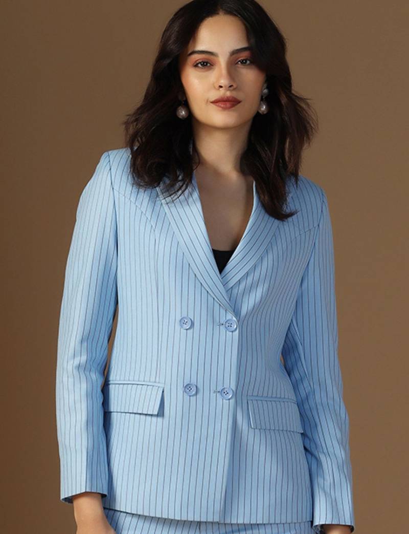 Striped peaked lapel collar double breasted formal blazer