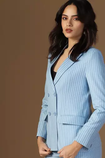 Striped peaked lapel collar double breasted formal blazer