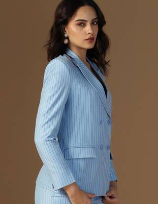 Striped peaked lapel collar double breasted formal blazer 5