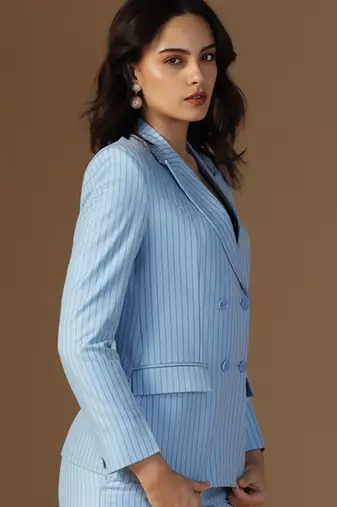 Striped peaked lapel collar double breasted formal blazer